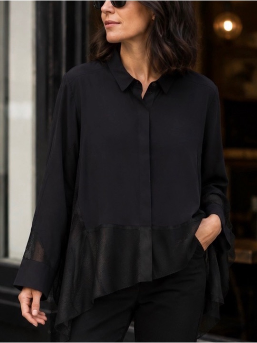ANIA SCHIERHOLT Black Mesh Sheer Hem Button-Up Mixed Media Blouse